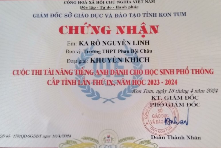 Trường THPT Phan Bội Châu - Vinh danh Học sinh Ka Rô Nguyễn Linh - Lớp 10A2 đạt giải Tài năng tiếng Anh cấp tỉnh lần thứ IX năm học 2023-2024